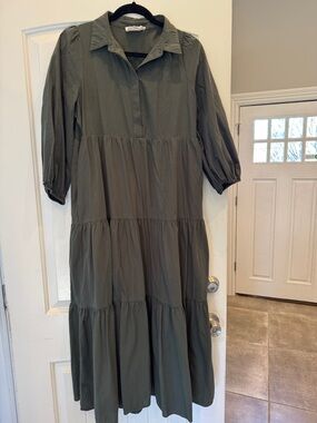 Pomander Place Olive Green Tiered Midi Dress with Collar